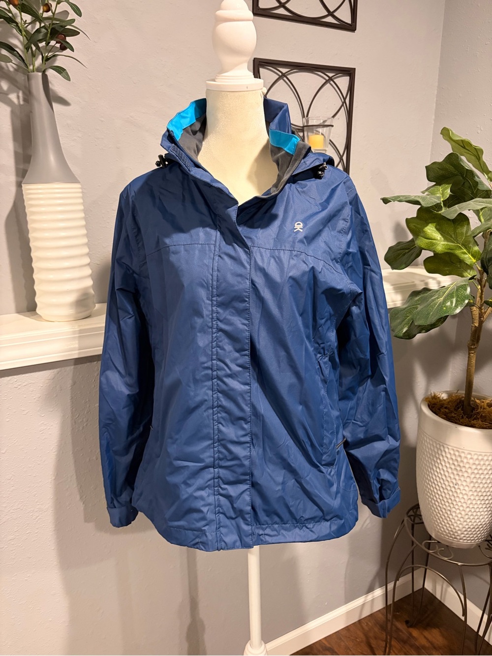 New Women’s Blue Hooded Rain Jacket with Adjustable Hood